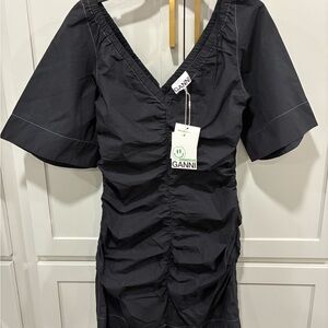 Ganni Black Gathered V-Neck Dress